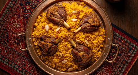 A close-up overhead view of a traditional lamb mandi dish served in a large copper platterの素材