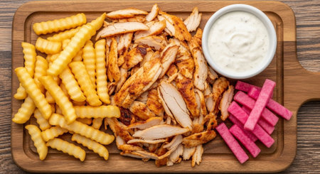 A top-down view of a wooden board filled with seasoned chicken shawarma, crispy french fries, pickled turnips, and a creamy garlic sauce.の素材