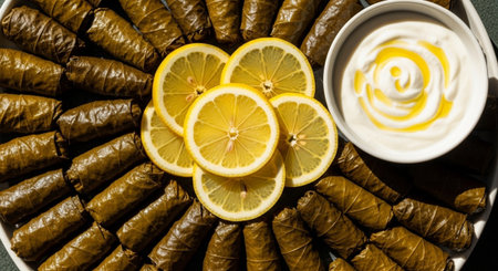 A close-up overhead view of a platter filled with traditional stuffed grape leaves, garnished with fresh lemon slices and a creamy yogurt sauce.の素材
