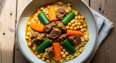 A top-down view of a hearty bowl of lamb couscous, garnished with vibrant carrots and chickpeas, presented on a rustic wooden surface.の素材