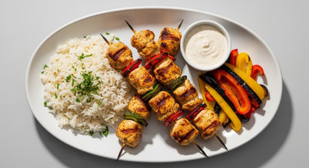 A plate of grilled chicken skewers served with fluffy rice and colorful grilled bell peppers, accompanied by a side of creamy dipping sauce.の素材