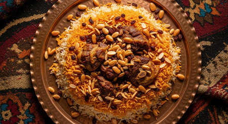 A close-up overhead view of a traditional Saudi Arabian Kabsa dish, featuring fluffy rice topped with tender meat and a generous sprinkle of nuts.の素材