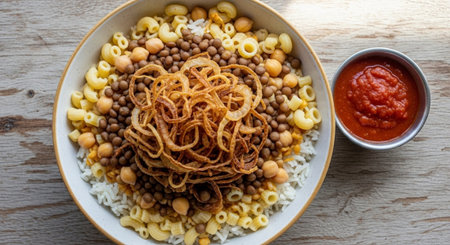 A top down view of a bowl of Koshary a popular Egyptian street food dish served with a side of tomato sauceの素材