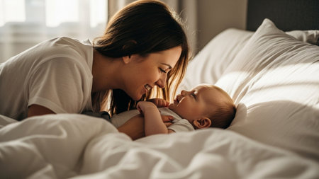 A mother lovingly looks at her newborn baby while lying in bed, bathed in soft morning light.の素材