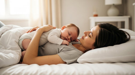 A mother lovingly holds her sleeping baby while lying in bed, bathed in soft morning light.の素材