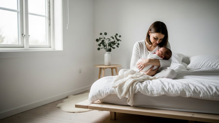 A tender moment captured as a mother cradles her newborn baby on a bed, bathed in soft light from a nearby window.の素材