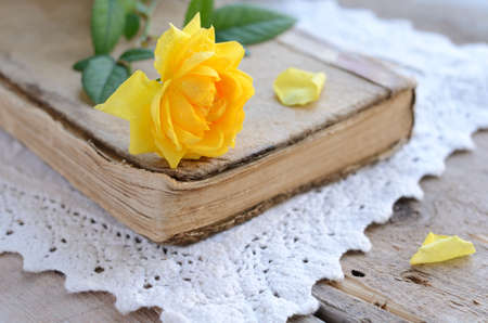 Decoration with yellow rose laying upon vintage book on lace doilyの写真素材