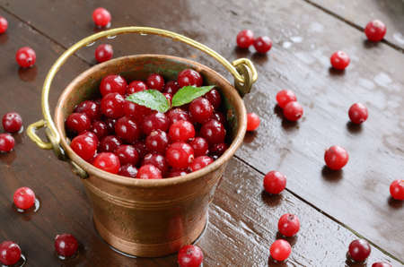 Little brass pail full of wild red cranberries on wet wooden backgroundの写真素材