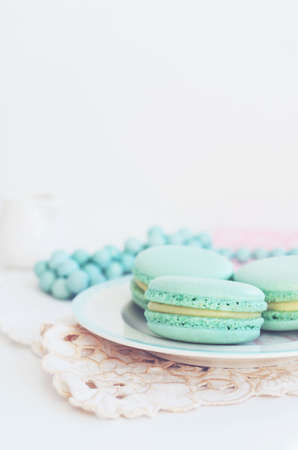 Mint macaroon with copy space on light backgroundの写真素材