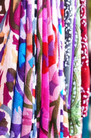 Set of various pattern scarves hanging at oriental bazaarの写真素材