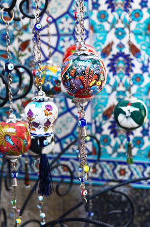 Colorful turkish crockery souvenirs in gift shop in Istanbulの写真素材