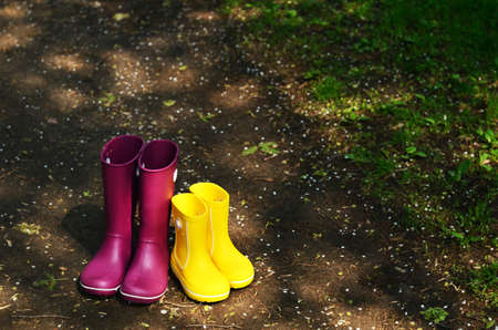 Rurple and yellow rubber boots for woman and child in the gardenの写真素材