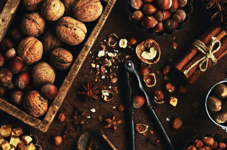 Walnut and hazelnut mix and spices for cooking - cinnamon, gloves, nutmeg and anise stars
