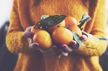 Woman in yellow knitted pullover with ripe tangerines in her hands