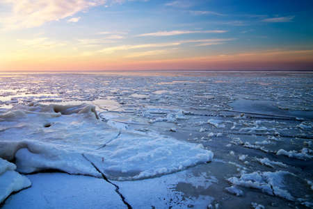Winter landscape with sunset sky. Composition of nature. の写真素材