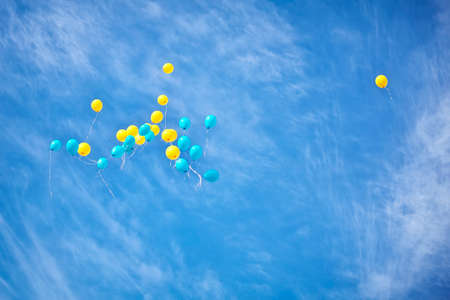 Yellow and blue balloons flying up in the sky の写真素材