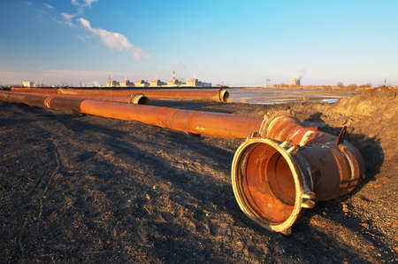 Nuclear power plant units, pipes & coal pilesの写真素材