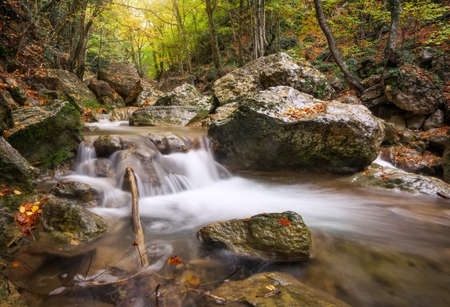 Beautiful autumn landscape with mountain river and colorful trees with green, red, yellow and orange...