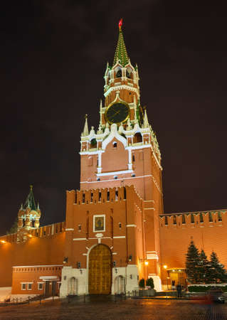 Spasskaya tower of Moscow Kremlin illuminated at nightの写真素材