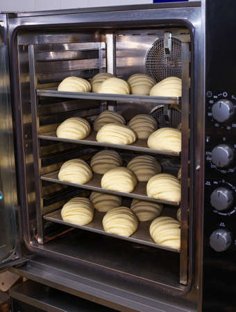 Raw bread on a baking sheet ready for baking. Preparation for a bread baking.の写真素材