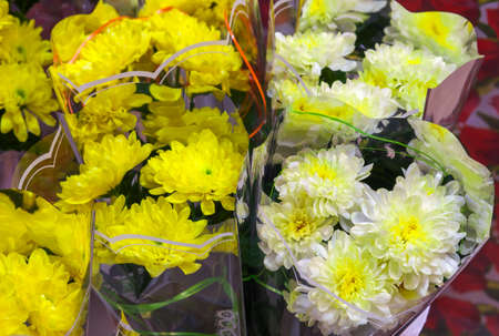Bouquets of chrysanthemums in a flower shop