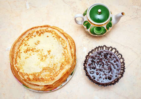 Pancakes with jam on the table. Maslenitsa Festivalの写真素材