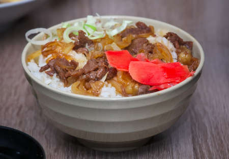Gyudon traditional japanese food. Slices of meat with onion on the cooked rice. Beef Bowlの写真素材