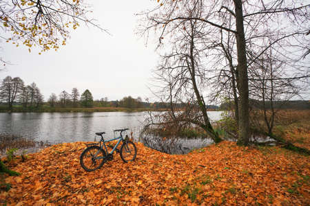 Beautiful autumn landscape with a river, a lone bicycle and fallen leavesの写真素材