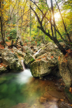 Beautiful autumn landscape with mountain river and colorful trees with green, red, yellow and orange leaves. Mountain forest in Crimea.の写真素材