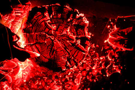 Beautiful coals in the grill. Camping in natureの写真素材