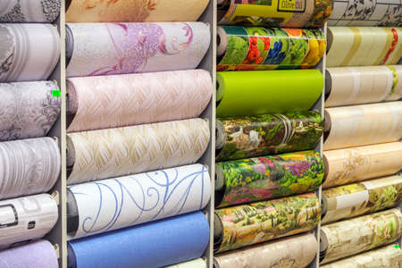 Showcase in shop with wallpaper. Great choice in a warehouseの写真素材