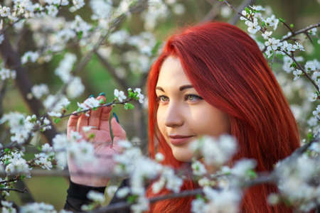 The girl with red hair inhales the fragrance of the flowers of the tree. Outdoor. Spring.