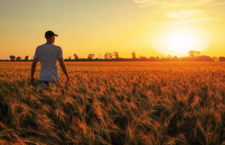 Male farmer standing in a wheat field during sunset. Man Enjoys Natureの写真素材
