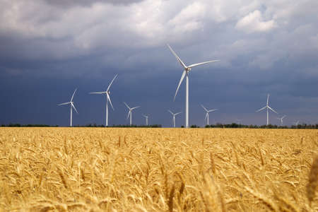 Wind turbines and agricultural field on a summer cloudy day. Energy production, clean and renewable energy.の写真素材