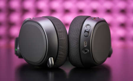 Professional Modern headphones with a microphone for gamers on a pink background