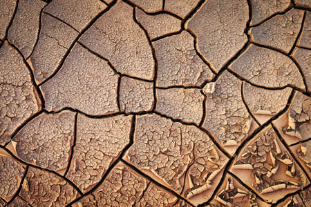 Dried cracked earth soil ground texture background. Mosaic pattern of sunny dried earth soilの写真素材