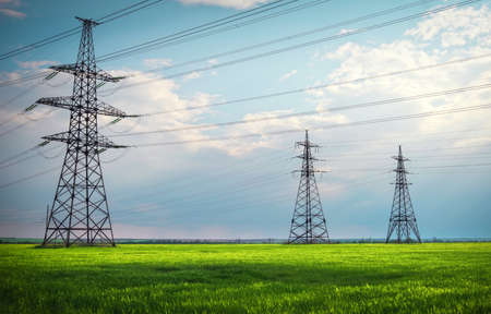 High voltage lines and power pylons in a flat and green agricultural landscape on a sunny day with clouds in the blue sky. Cloudy and rainy. Wheat is growingの写真素材