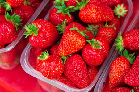 Tasty juicy strawberry berries in boxes, on the marketの写真素材