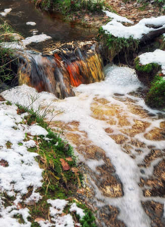 Endless stream at winter. Fast mountain river close-up. Karelia, Russiaの写真素材