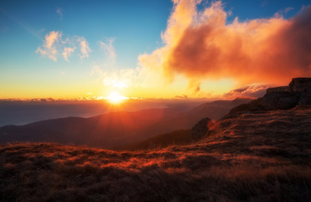 Beautiful mountain landscape. Shooting in the fall at sunset. Morning hike for good shots.の写真素材