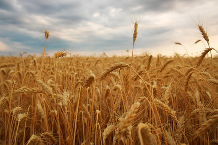 Wheat field at sunset. Beautiful evening landscape. Spikelets of wheat turn yellow. Magic colors of sunset lightの写真素材
