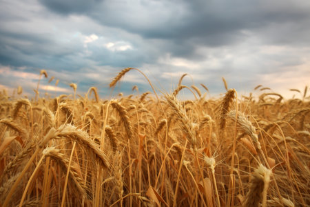Wheat field at sunset. Beautiful evening landscape. Spikelets of wheat turn yellow. Magic colors of sunset lightの写真素材