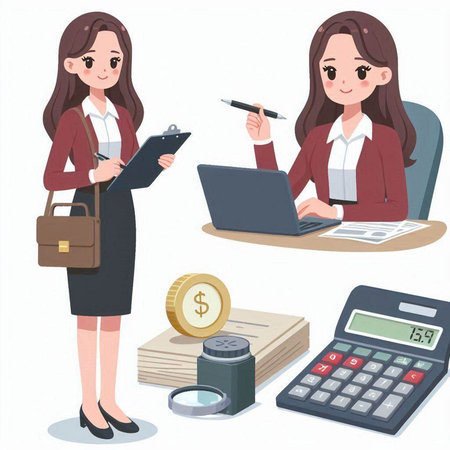 Business woman working at office. Businesswoman in suit. Vector illustration.のイラスト素材