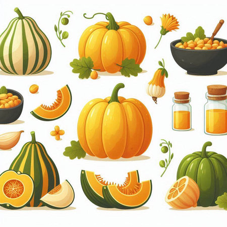 Pumpkins and other vegetables. Vector illustration in cartoon style.のイラスト素材