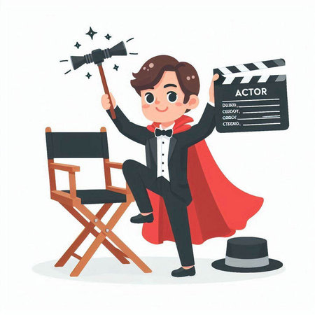 Cinema director cartoon character with movie clapper. Vector illustrationのイラスト素材