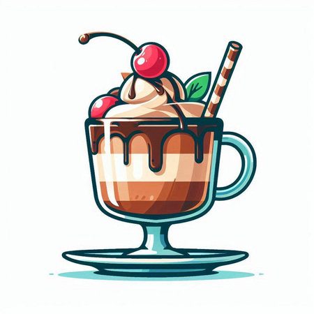 Cup of coffee with whipped cream and cherry, vector illustration.のイラスト素材