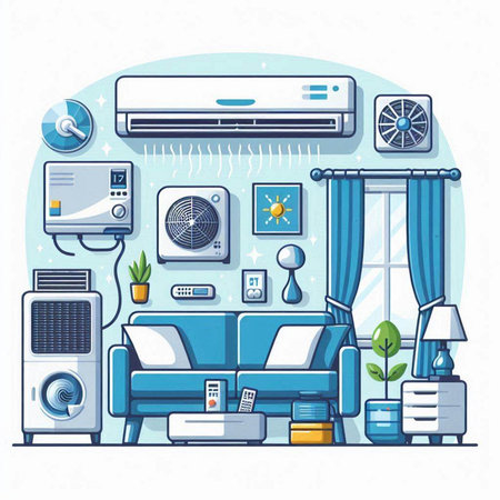 Air conditioner and air conditioner system in flat style. Vector illustration.のイラスト素材