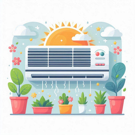 Air conditioner with sun and flowers. Flat style vector illustration.のイラスト素材