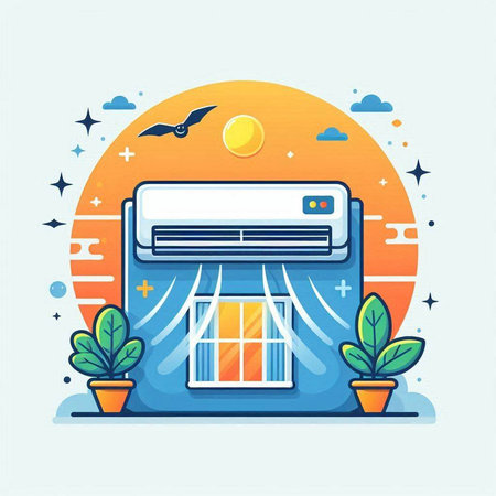 Air conditioner in front of the house. Flat vector illustration.のイラスト素材