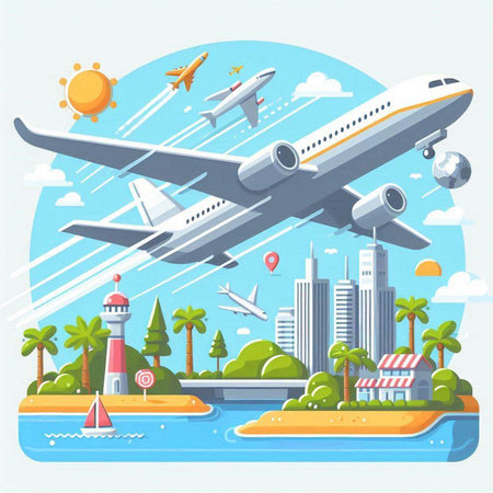 Airplane flying over the island. Vector illustration in flat style.のイラスト素材